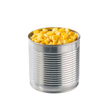 Beyaz arka planda izole edilmiş mısır gevreği konservesi..