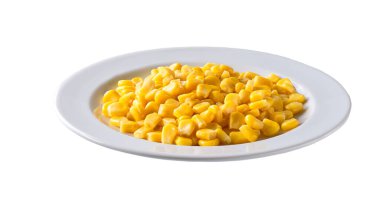 Beyaz arka planda izole edilmiş beyaz seramik kasede konserve yiyecekler..