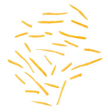 rendelenmiş kırmızı çedar peyniri beyaz arkaplanda izole edilmiş, üst görünüm