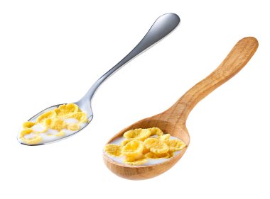 Bir kaşık dolusu lezzetli mısır gevreği ve beyaz arka planda izole edilmiş süt..