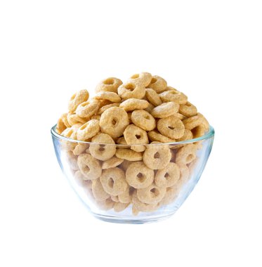 Beyaz arka planda izole edilmiş saydam yulaf tabanlı sabah mısır gevreği kasesi. Mısır gevreği döngüleri akıyor.