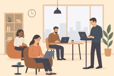 Ortak Çalışma Alanı: Modern Ofis ve Uzaktan Takım Çalışması İllüstrasyonu. Bu vektör çizimi modern bir çalışma alanının dinamik ve esnek atmosferini yakalar.