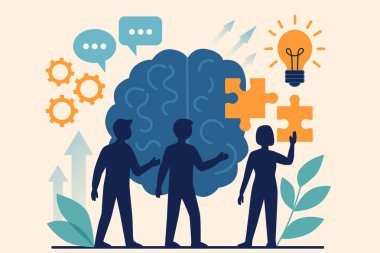 Ortak Sorun Çözme ve Takım Çalışması Strateji Vektörü. Bu dinamik düz tasarım vektör illüstrasyonu görsel olarak ortak problem çözme ve takım işbirliği kavramını temsil etmektedir..