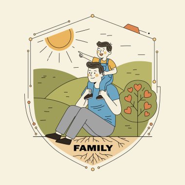 Baba-oğul bağı: Aile bağı ve koruma vektörü. Bu temiz vektör illüstrasyonu, baba ve oğulun stilize edilmiş altıgen kalkan çerçevesi içinde bağ kurduğu iç açıcı bir sahneyi tasvir ediyor..