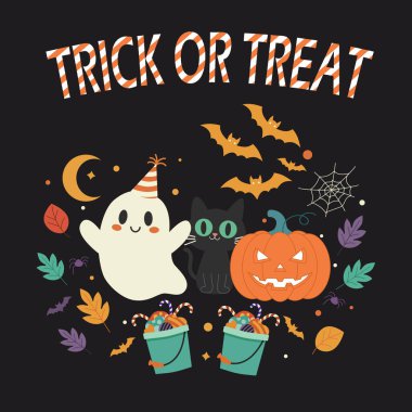 Cadılar Bayramı için Oyuncu Vektör İllüstrasyonu, Şirin Hayalet, Balkabağı ve 