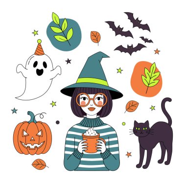 Balkabağı ve Arkadaşlarıyla Cadılar Bayramı Cadısı: Modern ve Tuhaf Vektör İllüzyonu.