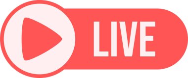 Live Streaming Button with Play Arrow. Red Video Broadcast Icon for Digital Platform.