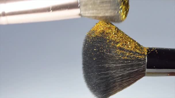 Pincéis Maquiagem Tocam Fundo Branco Pequenas Partículas Cosméticos — Vídeo de Stock
