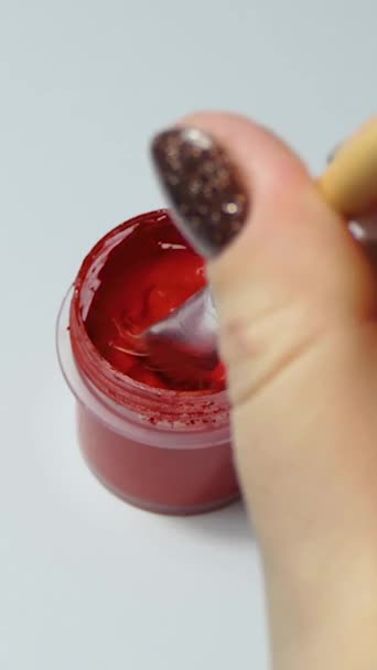 Artist Picks Red Paint Transparent Palette Brush Close Shot — Video Stock
