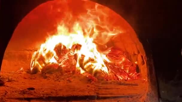 Very Old Stone Oven Ancient House Mountains Fire Burns Wood — Stockvideo