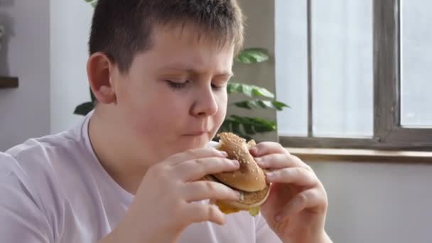 패스트 카페의 소년은 햄버거를 먹습니다 배고픈 아이가 햄버거를 그림이야 패스트 — 비디오