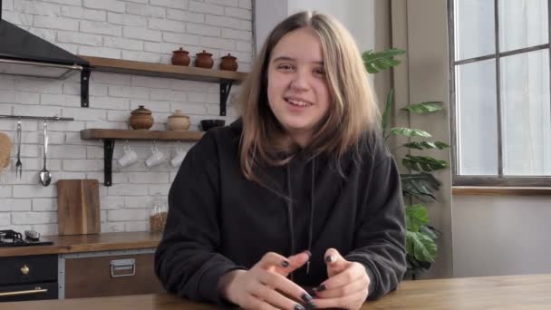 Happy Young Girl Wears Headset Talking Webcam Making Remote Online — Stock videók