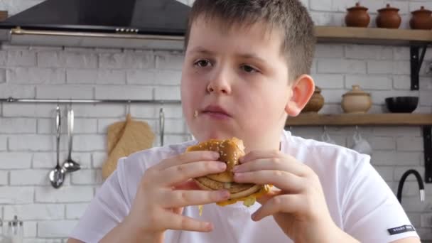 Gruby Azjata Człowiek Cieszyć Się Jeść Niezdrowe Jedzenie Hamburger — Wideo stockowe