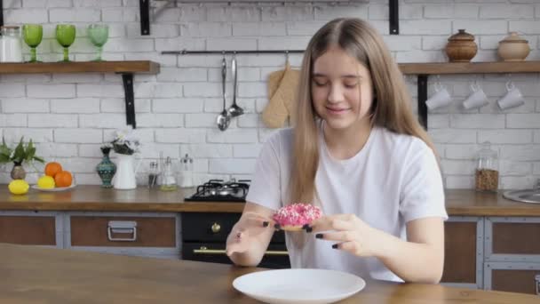 Happy Beautiful Young Girl Long Hair Has Fun Playing Pink — Stock Video
