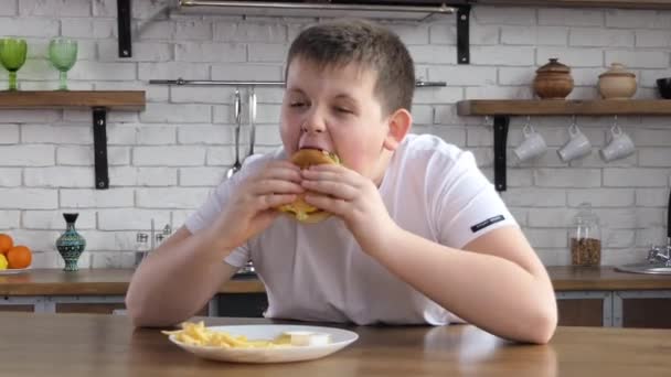 Fat Asian Boy Eating Junk Food Hamburger French Fries — Stockvideo