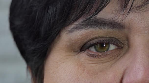 Kvinnors Öga Halvansiktsporträtt Närbild Kvinnligt Ansikte Med Bruna Ögon Tittar — Stockvideo