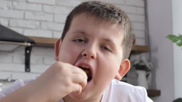 Close Boy Eating Delicious French Fries Happy Positive Young Guy — Videoclip de stoc