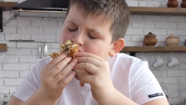 Little Boy Fast Food Cafe Eats Burger Portrait Hungry Child — Stockvideo