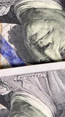 US American Dollar Bills Money Camera flying Close up over stacked 100 Banknotes, 3D Render.