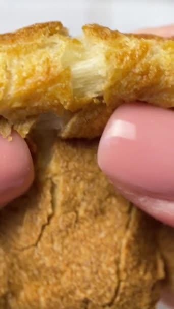 Hand Baker Breaks Homemade Bread Close View — Stock Video