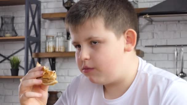 Fat Man Eats Fast Food Hamberger Breakfast Overweight People Unhealthy — Stock Video