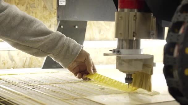 Milling Cutter Cuts Plastic Part Robotized Production Line Factory Robots — Stock Video