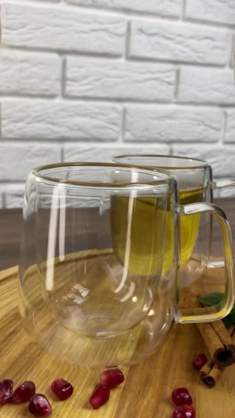 Tea Herbs Berries Poured Transparent Tea Cup — Stock Video