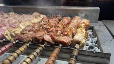 Sokak yemeklerini pişir. Kömürde kızartılmış et kebabı ve sebze. Piknik ya da akşam barbeküsü.