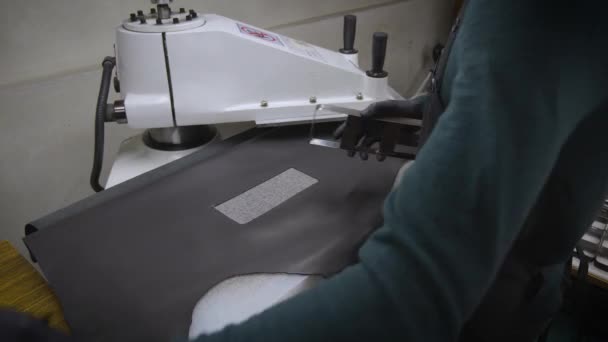 Employé Coupe Cuir Artificiel Avec Machine Presse — Video