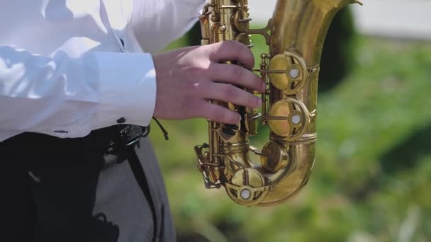 Músico Saxofonista Com Banda Concerto — Vídeo de Stock