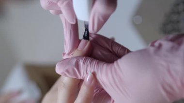 Tırnak cilası sürme, mor ötesi jöle, vernik, güzellik salonunda manikür süreci konsepti. Çalı üzerinde şeffaf palto damlası. Pembe arka planda. Tırnak cilası başvurusu. Yavaş çekim