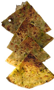 Matar ka Paratha, a classic North Indian delicacy of flatbread stuffed with green peas, is traditionally enjoyed alongside tangy mango pickle, set against a moody backdrop with selective focus. clipart