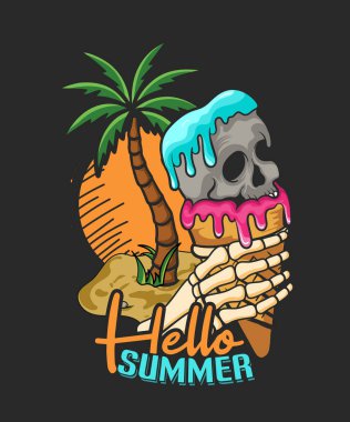 Plajda renkli yaz ağaçları olan bir yaz tatili posterinin vektör çizimi