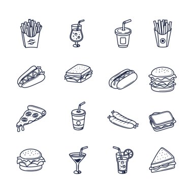 Fast Food ve İçecekler Doodle Vektör Simgesi Ayarlandı