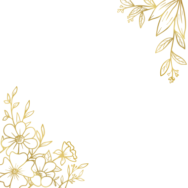 Düğün ya da nişan davetiyesi için el yapımı yaprakları ve çiçekleri olan zarif altın rengi bir sınır.