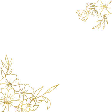 Düğün ya da nişan davetiyesi için el yapımı yaprakları ve çiçekleri olan zarif altın rengi bir sınır.