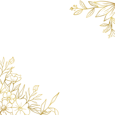 Düğün ya da nişan davetiyesi için el yapımı yaprakları ve çiçekleri olan zarif altın rengi bir sınır.