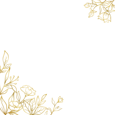 Düğün ya da nişan davetiyesi için el yapımı yaprakları ve çiçekleri olan zarif altın rengi bir sınır.