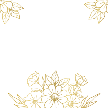 Düğün ya da nişan davetiyesi için el yapımı yaprakları ve çiçekleri olan zarif altın rengi bir sınır.