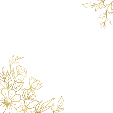 Düğün ya da nişan davetiyesi için el yapımı yaprakları ve çiçekleri olan zarif altın rengi bir sınır.