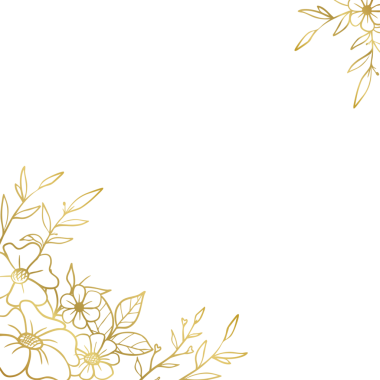 Düğün ya da nişan davetiyesi için el yapımı yaprakları ve çiçekleri olan zarif altın rengi bir sınır.