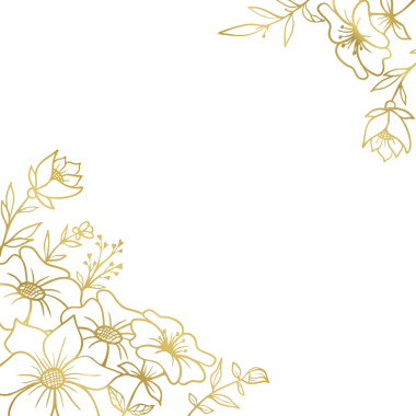 Düğün ya da nişan davetiyesi için el yapımı yaprakları ve çiçekleri olan zarif altın rengi bir sınır.