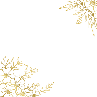 Düğün ya da nişan davetiyesi için el yapımı yaprakları ve çiçekleri olan zarif altın rengi bir sınır.