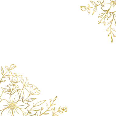 Düğün ya da nişan davetiyesi için el yapımı yaprakları ve çiçekleri olan zarif altın rengi bir sınır.