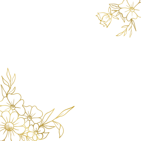 Düğün ya da nişan davetiyesi için el yapımı yaprakları ve çiçekleri olan zarif altın rengi bir sınır.