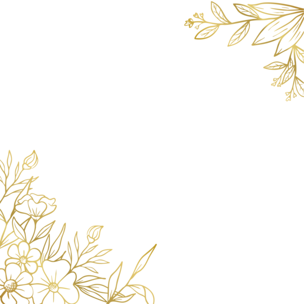 Düğün ya da nişan davetiyesi için el yapımı yaprakları ve çiçekleri olan zarif altın rengi bir sınır.