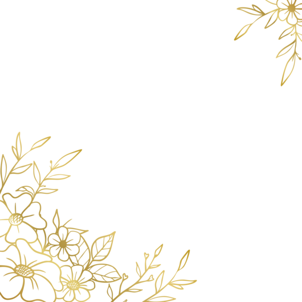 Düğün ya da nişan davetiyesi için el yapımı yaprakları ve çiçekleri olan zarif altın rengi bir sınır.