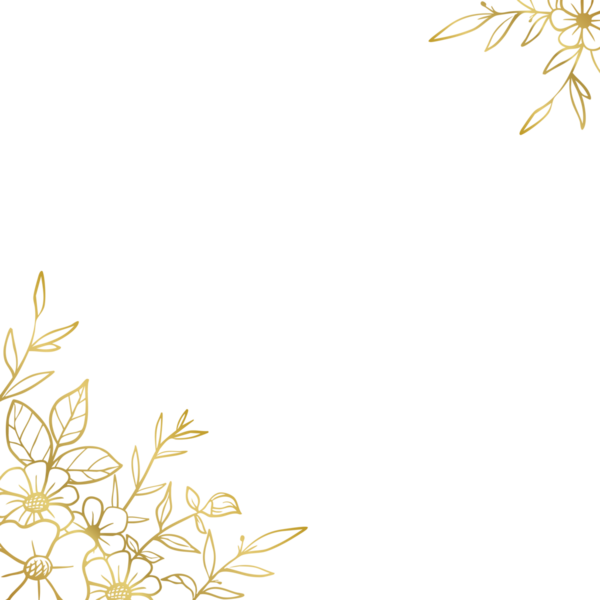 Düğün ya da nişan davetiyesi için el yapımı yaprakları ve çiçekleri olan zarif altın rengi bir sınır.