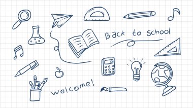 Beyaz Arkaplan Üzerine El Çizimi Okul, Eğitim ve Bilim Nesneleri Çizimleri