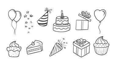 Parti Elementleri ve Doğum Günü Kutlama Dekorasyonları El Çizimi Koleksiyonu